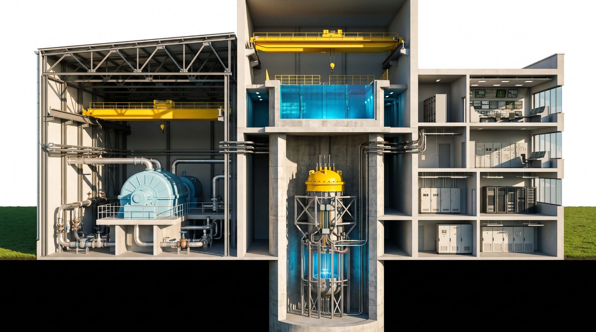 Concept render of a Qark One plant in cutaway: turbine hall on the left, reactor building in the centre, control building on the right
