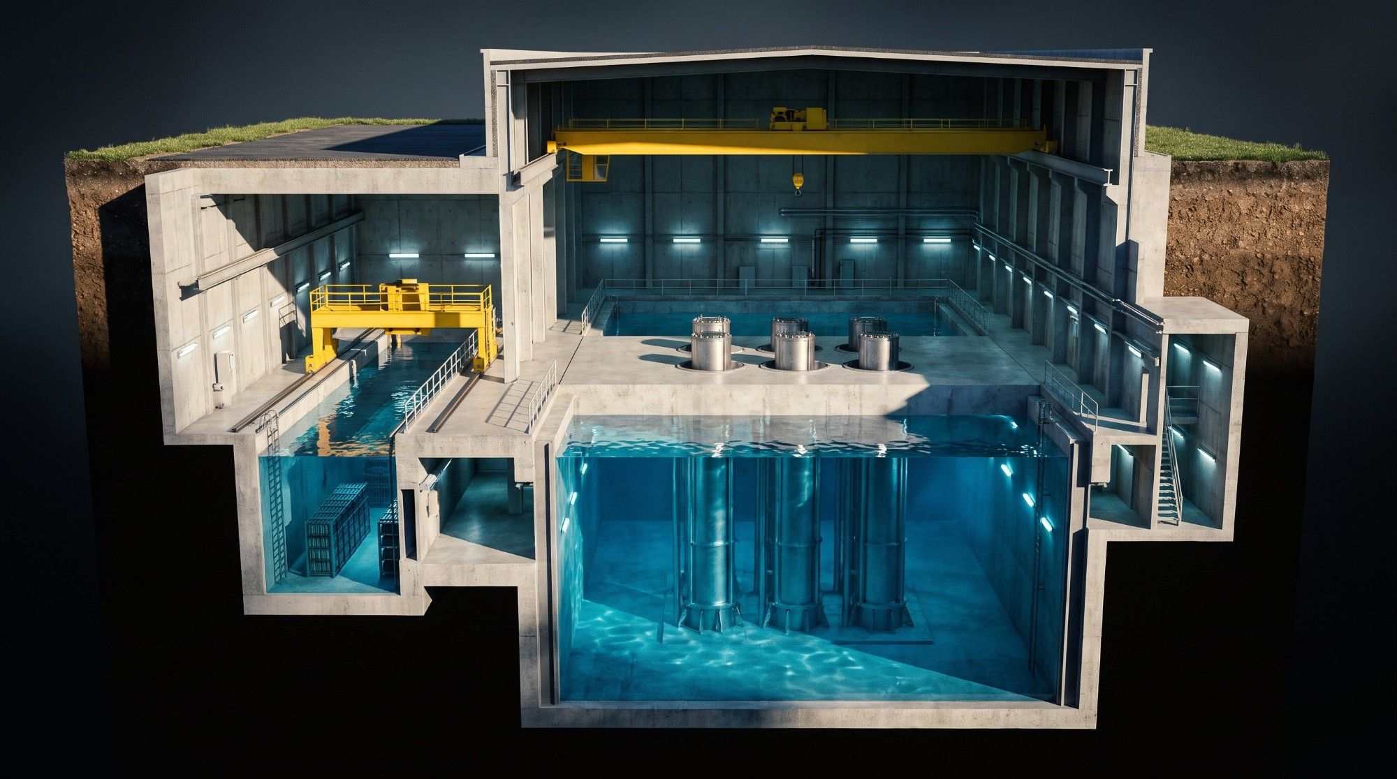 Concept render of an underground reactor building with deep pools of water