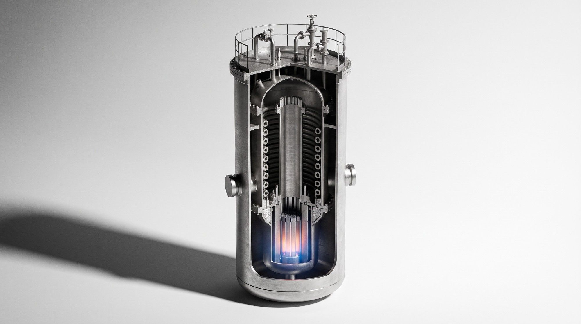 Concept render of a reactor vessel in cutaway with the core glowing at its base